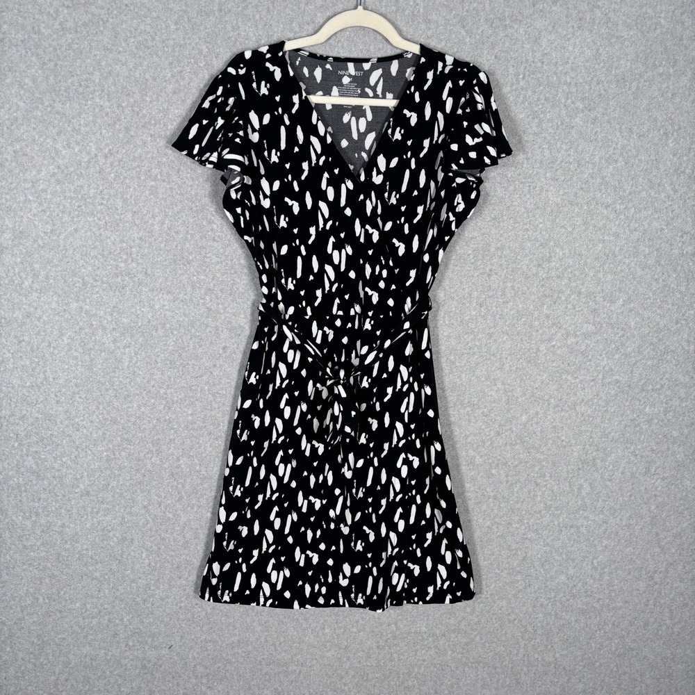 Nine West Wrap Dress Medium Tie Belt Slinky Liquid Knit Abstract Artsy Dalmatian